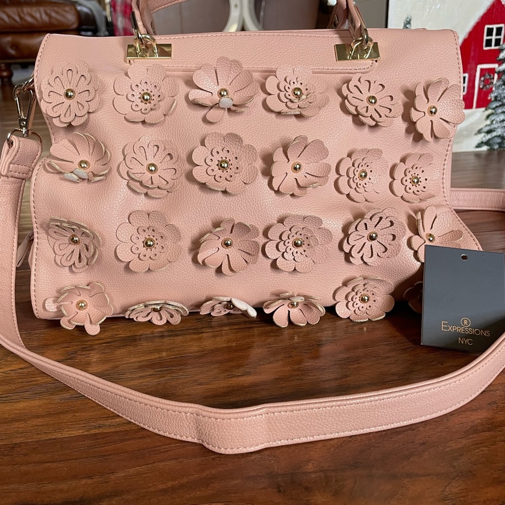 Floral Appliqué Purse- Faux Leather- Expressions NYC- Blush/Nude